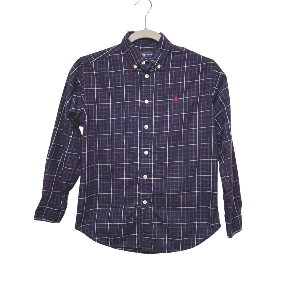 Ralph Lauren Boys Navy Plaid Long Sleeve Button Down Shirt Size M 10-12
